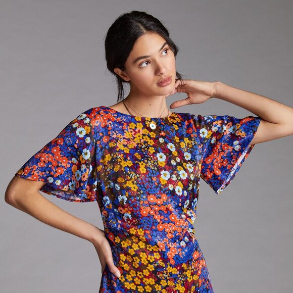 Anthropologie Ruffled Satin Mini Dress in Black Motif Size 14 - Picture 1 of 8